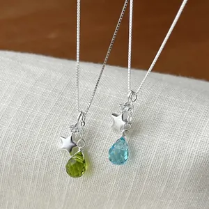 Elegant s925 silver star necklace with green and blue glass water drop pendants