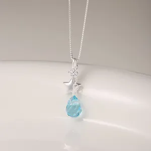 Elegant S925 silver star necklace with a faceted blue water-drop glass pendant.