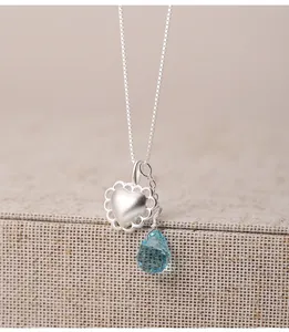 Detailed view of S925 silver heart necklace featuring a blue faceted water drop gemstone pendant.