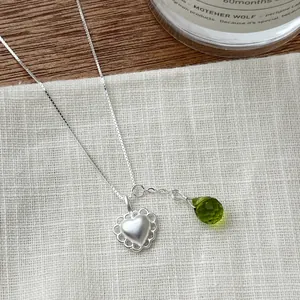925 Sterling Silver Heart Water Drop Pendant Necklace Matte Finish Lace Edge Green Blue Rhinestone Clavicle Chain Jewelry