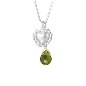 S925 silver heart necklace with faceted green teardrop gemstone and elegant matte finish