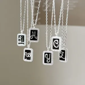 S925 sterling silver square pendant necklace with black enamel and sparkling zircons
