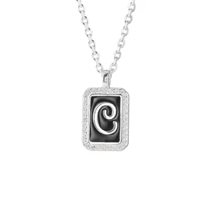 Elegant s925 silver necklace with square letter C pendant and pavé stones.