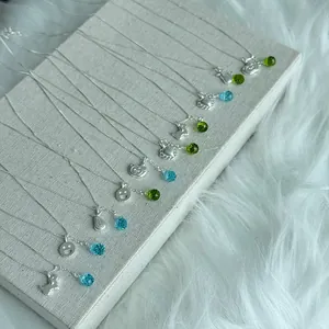 Detail view of s925 silver necklaces with various cute charms and colorful crystal drops