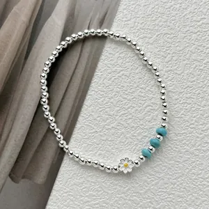 Bracelet en argent sterling 925 avec breloque marguerite et turquoise