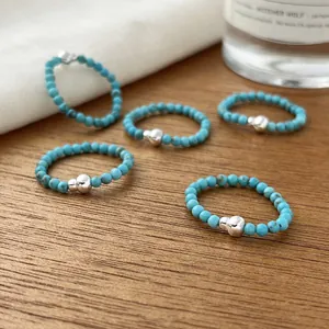 925 Sterling Silver Faux Turquoise Gourd Ring For Women New Chinese Style Handmade Elastic Rope Stretch Finger Ring Jewelry Gift