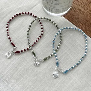 S925 Sterling Silver Bow Four-Leaf Clover Braided Rope Bracelet For Women Minimalist New Chinese Style Handcrafted Silver Bead Bracelet Jewelry Gift