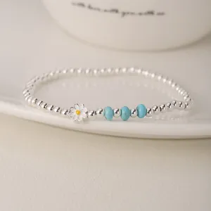 Bracelet perles en argent sterling 925 avec marguerite et turquoise sur céramique
