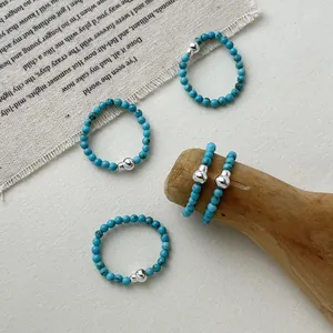 S925 silver turquoise-style beaded rings with gourd design and elastic band