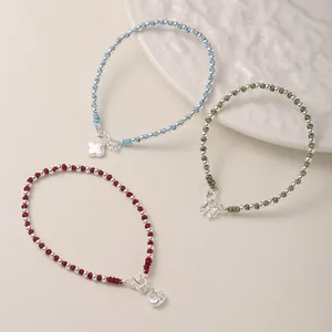 Minimalist s925 silver bead bracelets with clover and bow charms on colored ropes