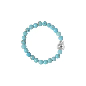 Handmade turquoise bead elastic ring with S925 silver gourd charm for women