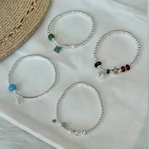 S925 Sterling Silver Beaded Stretch Bracelet For Women Minimalist Handmade Marine Starfish Shell Enamel Lion Fortune Bag Charm Jewelry
