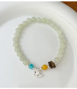 Elegantes Armband aus 925er Sterlingsilber mit Hetian-Jade, Bernstein und Holzperlen