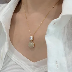 S925 Sterling Silver Natural Nephrite Jade Necklace For Women Light Luxury Elegant Oval Rhinestone Pendant Clavicle Chain Jewelry