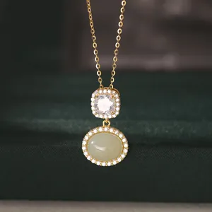 Elegant S925 silver gold plated necklace with oval natural Hetian jade and CZ pendant