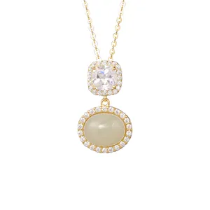 Elegant 14K gold plated silver necklace with oval Hetian jade and sparkling zircon