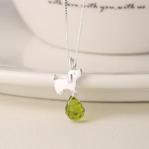 Elegant S925 sterling silver necklace with a cute dog pendant and green teardrop crystal