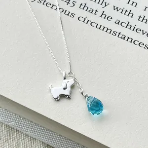 Cute s925 silver necklace with dog pendant and blue water drop crystal charm