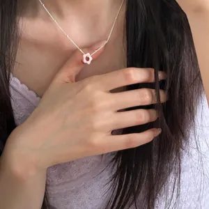 Delicate 925 sterling silver flower necklace with pink drip oil pendant for women