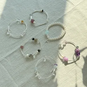Juego de seis pulseras de plata de ley 925 con cristales de colores y perlas finas