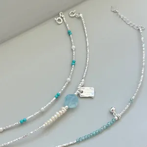 925 Sterling Silver Broken Silver Pearl Aquamarine Bracelet For Women Simple Fashion Engraved Square Plate Letter Bracelet