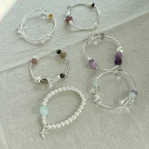 Pulsera de Plata de Ley 925 para Mujer Minimalista Nuevo Estilo Chino Diseño de Tubo Curvo Pulsera de Abalorios con Perla Artificial y Cristal