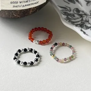 925 Sterling Silver Natural Agate Tourmaline Beaded Ring For Women Minimalist Elastic Stretch Stacking Finger Ring Jewelry