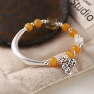 999 Fijn Zilver Pinda Gebogen Buis Armband Voor Vrouwen Nieuwe Chinese Stijl Amber Kristal Kralen Armband Geluk Sieraden