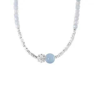 Handmade 925 sterling silver aquamarine beaded necklace for women, elegant clavicle chain