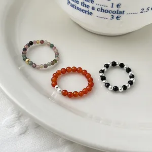 Minimalist tourmaline and agate beaded elastic ring set with 925 silver accents
