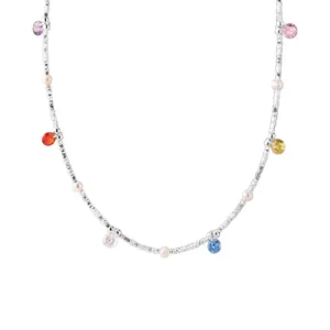 Elegant 925 sterling silver necklace featuring colorful cubic zirconia and small pearls