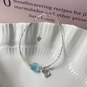 Minimalist 925 sterling silver bracelet with pearls, aquamarine and engraved tag