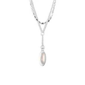 Elegant 925 sterling silver double-layer necklace with oval white chalcedony pendant