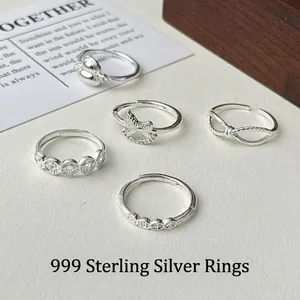 999 Sterling Silver Open Ring For Women New Chinese Style Adjustable Coin Gourd Rhinestone Lucky Knot Rocking Horse Vintage Finger Ring