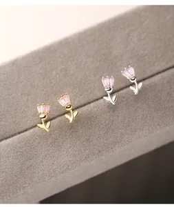 Detailed view of s925 silver tulip stud earrings with pink crystal petals.