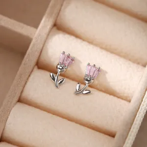 Elegant 925 sterling silver pink tulip flower stud earrings presented in a jewelry box
