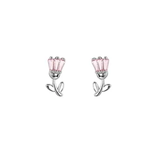 Elegant S925 sterling silver tulip stud earrings with pink rectangular cut stones