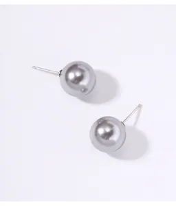 Detailed view of elegant round grey pearl stud earrings with sterling silver needles