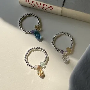 Handmade 925 sterling silver beaded elastic rings with vibrant colorful crystal teardrop charms