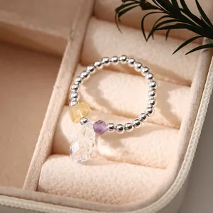 Handmade 925 sterling silver beaded elastic ring with faceted colorful crystal charms