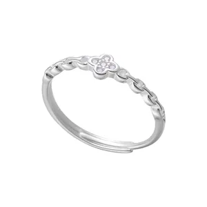 925 sterling silver adjustable four-leaf clover ring with sparkling cubic zirconia stones
