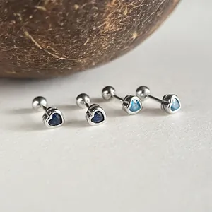 S925 sterling silver heart stud earrings with blue cubic zirconia and screw ball back