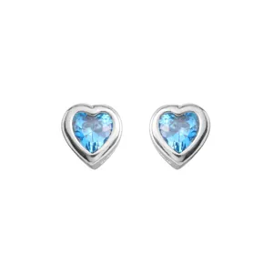Symmetrical 925 sterling silver stud earrings featuring heart-cut blue cubic zirconia stones.