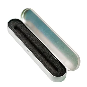 Sleek metal tinplate pen box with protective black foam insert for gift packaging