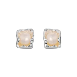 Elegant S925 sterling silver irregular square stud earrings with a white pearl center