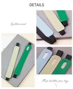 Vue détaillée des étuis à stylos en similicuir avec élastique bleu et vert
