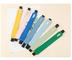 Six colorful PU leather pen holders with elastic bands for notebooks shown in detail