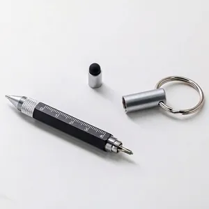 Portable Multifunctional Metal Tool Pen Keychain With Ruler Screwdriver Stylus Ballpoint Pen For Outdoor EDC Office Black