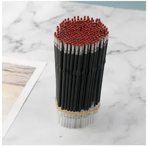 Bundle of black gel pen refills with red protective tips and bullet head point.