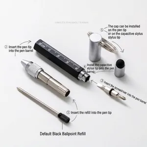 Multi-functional metal EDC tool pen keychain with ruler and screwdriver disassembly diagram